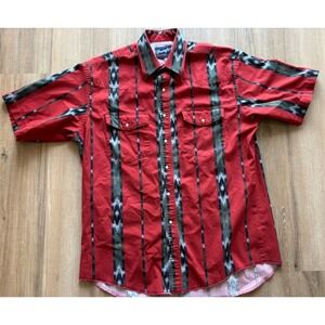 Vintage Wrangler Shirt Mens Large Red Ikat Cowboy Cut Pearl Snap Western 90s